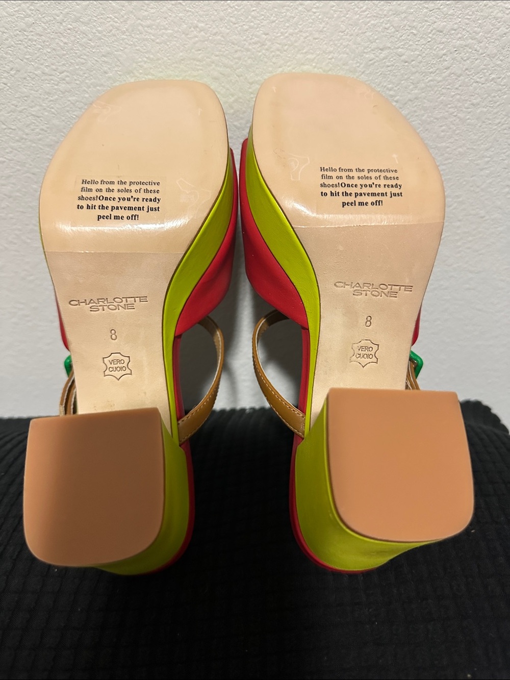 Charlotte Stone Red Open-Toe Slide Sandals with Tan Strap and Green Buckle - Picture 4 of 7